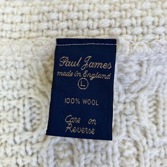 Paul James Sz L 100% Wool Chunky Cable Knit Cardigan Cream Fisherman Shrunken - Picture 10 of 16